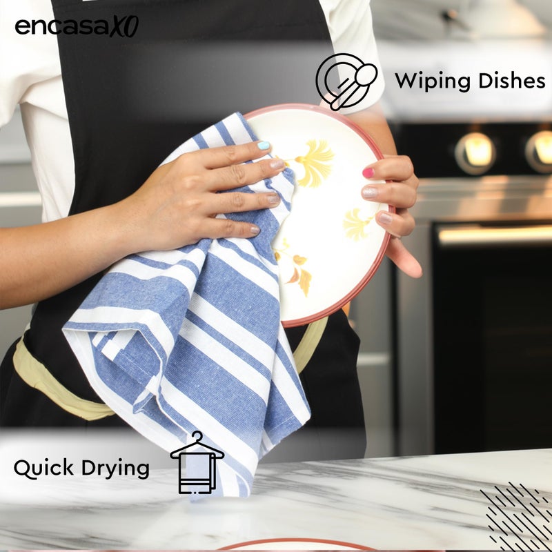 Encasa XO Cotton Kitchen Towel Set | Hand and Tea Cloth for Cleaning & Quick Drying, X-Large 28"x18" (Pack of 4) Highly Absorbent - Franca Blue Stripes - Image 4